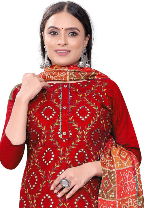 Embroidered Cotton Pakistani Suit in Red