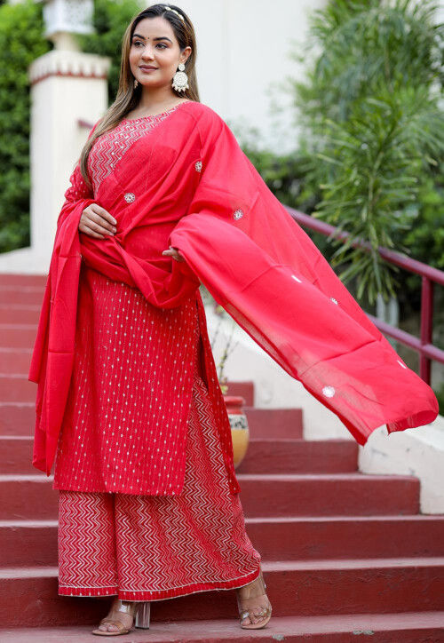 Embroidered Cotton Pakistani Suit in Red