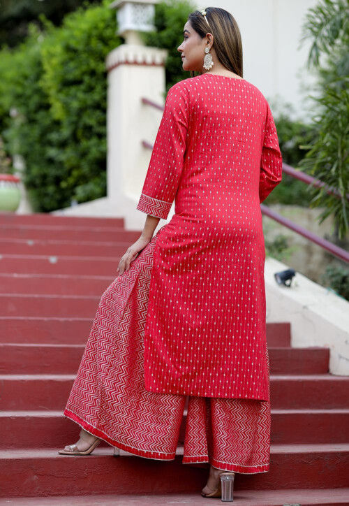 Embroidered Cotton Pakistani Suit in Red