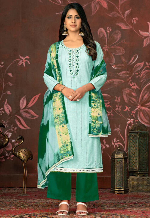 Embroidered Cotton Pakistani Suit in Sea Green
