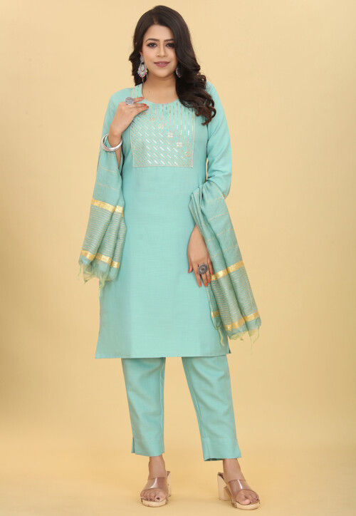Embroidered Cotton Pakistani Suit in Sea Green