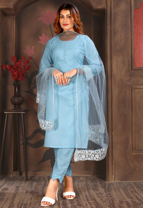 Embroidered Cotton Pakistani Suit in Sky Blue