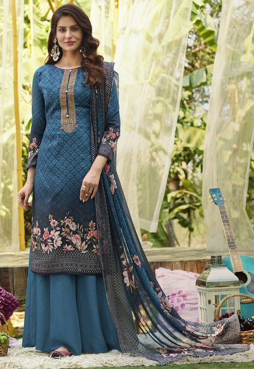 Embroidered Cotton Pakistani Suit in Teal Blue : KCH6195
