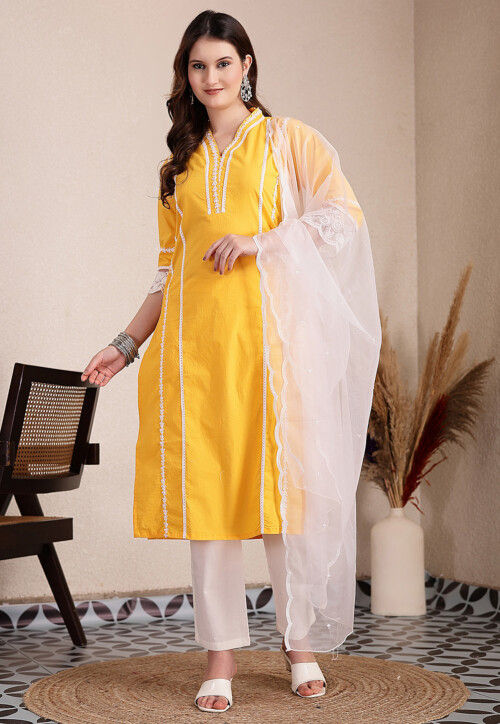 Embroidered Cotton Pakistani Suit in Yellow