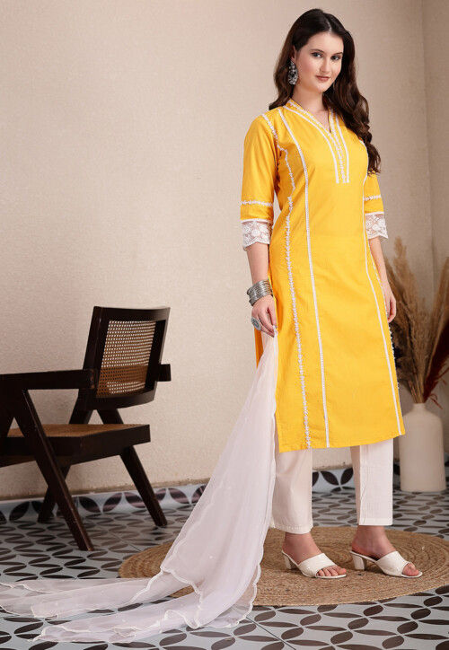 Embroidered Cotton Pakistani Suit in Yellow