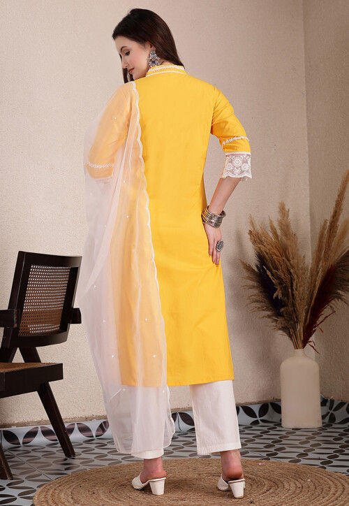 Embroidered Cotton Pakistani Suit in Yellow