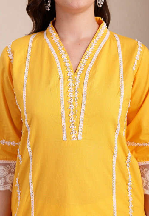 Embroidered Cotton Pakistani Suit in Yellow