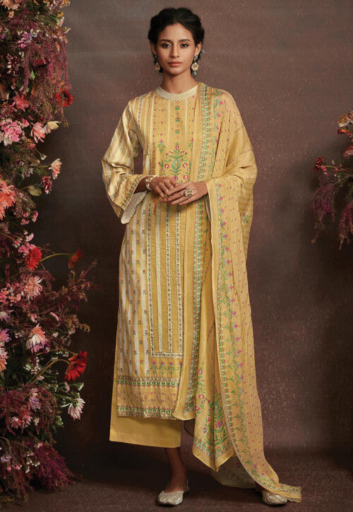 Embroidered Cotton Pakistani Suit in Yellow