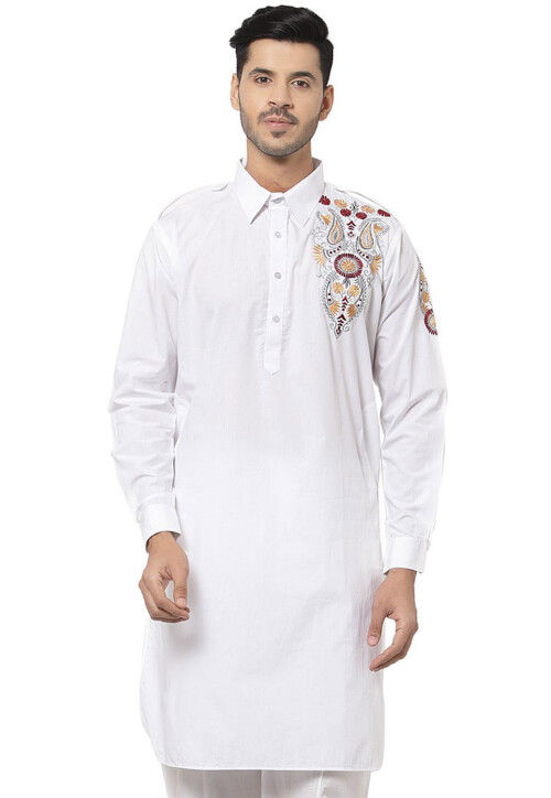 Buy Embroidered Cotton Pathani Kurta in White Online MVE2149 Utsav Fashion