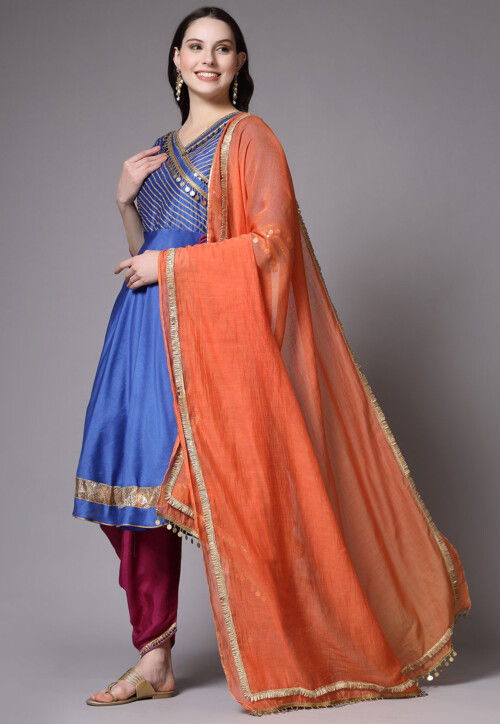 Embroidered Cotton Chanderi Punjabi Suit in Blue