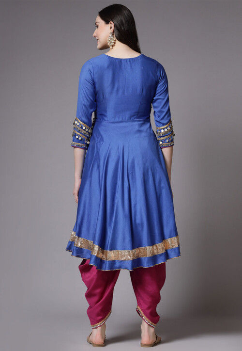 Embroidered Cotton Chanderi Punjabi Suit in Blue