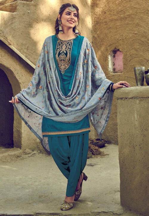 Blue Art Silk Embroidered Punjabi Suit Set 5299SL03
