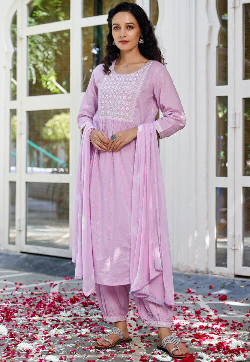 Embroidered Cotton Punjabi Suit in Light Purple