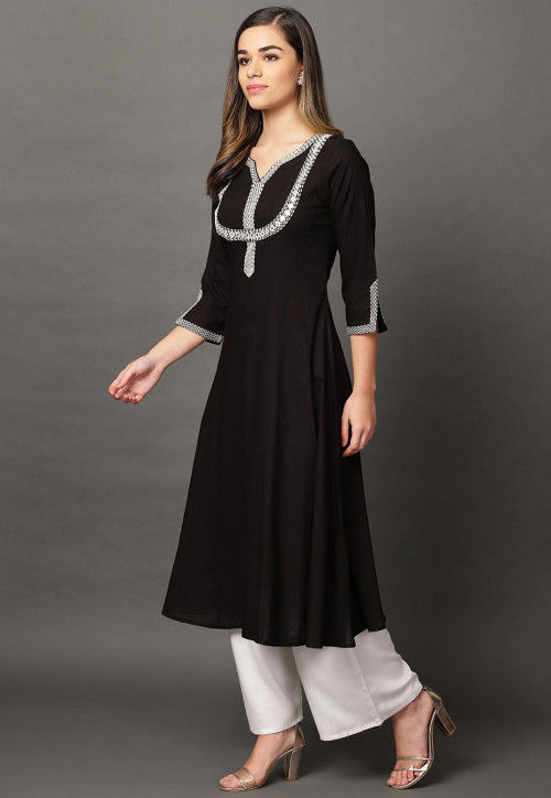 Embroidered Cotton Rayon A Line Kurta in Black : TVE622