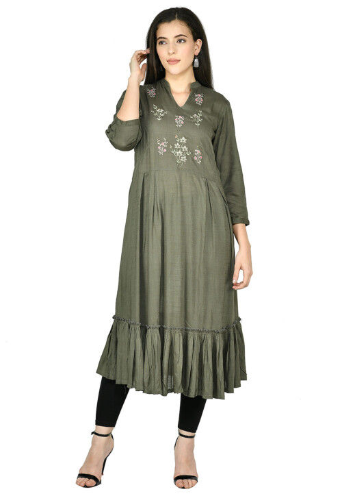 Embroidered Cotton Rayon A Line Kurta in Dusty Green