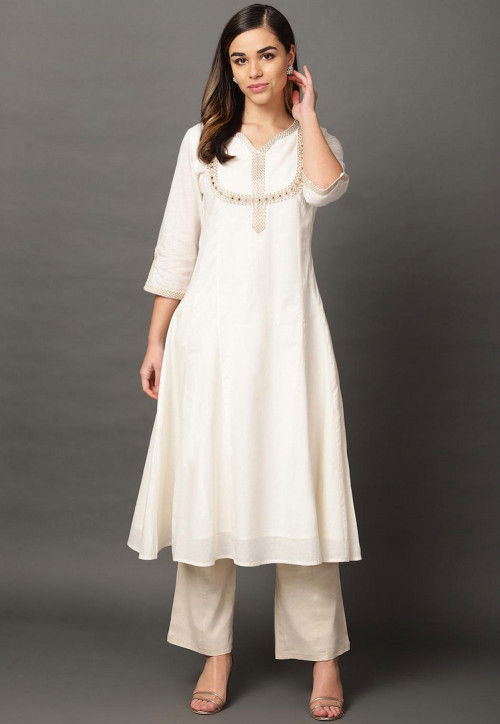 Embroidered Cotton Rayon A Line Kurta in Off White : TVE624