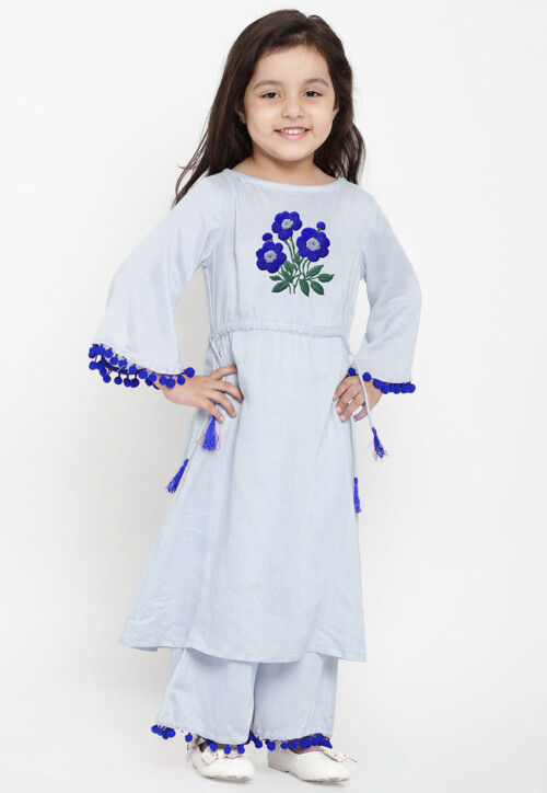 Embroidered Cotton Rayon A Line Kurta Set in Light Blue