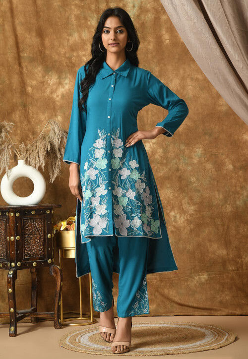 Embroidered Cotton Rayon High Low Kurta Set in Blue