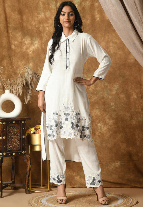 Embroidered Cotton Rayon High Low Kurta Set in Off White
