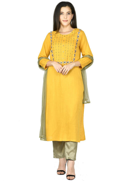 Embroidered Cotton Rayon Pakistani Suit in Mustard
