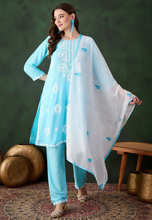 Embroidered Cotton Rayon Pakistani Suit in Sky Blue