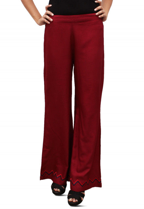 Embroidered Cotton Rayon Palazzo in Maroon