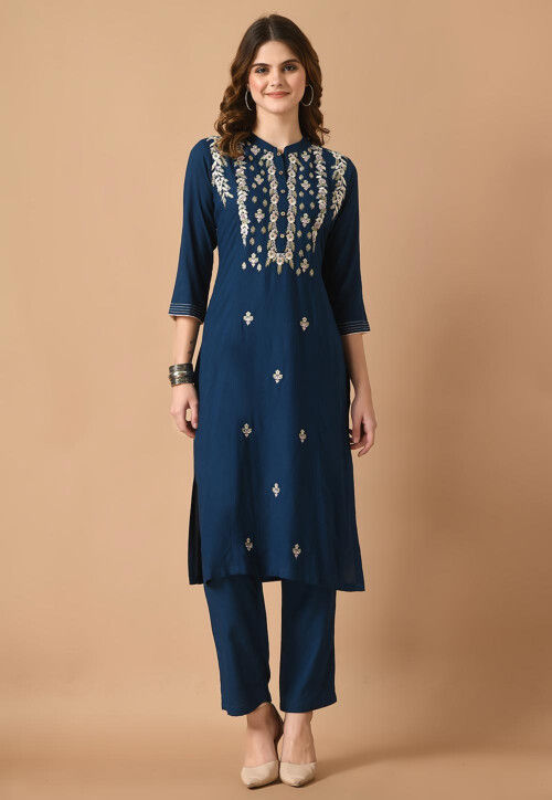 Embroidered Cotton Rayon Straight Kurta Set in Navy Blue