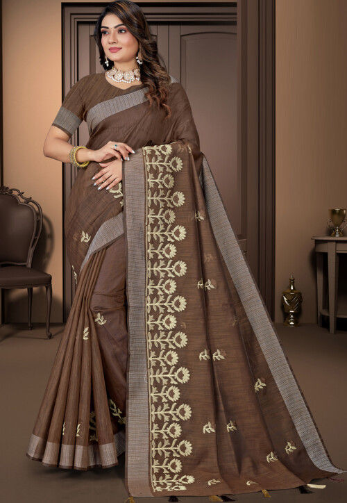 Embroidered Cotton Saree in Brown