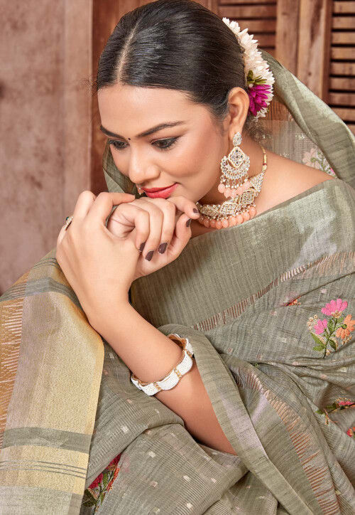 Copper Grey Dual Tone Embroidered Saree