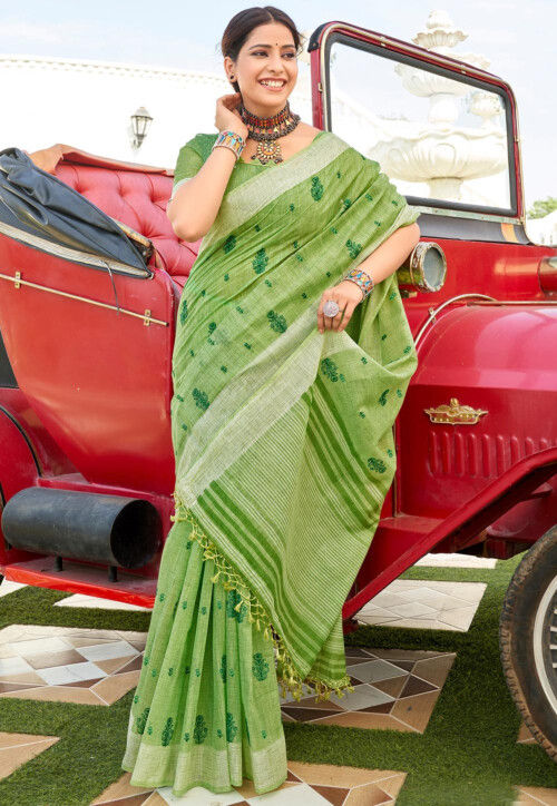 Embroidered Cotton Saree in Light Green