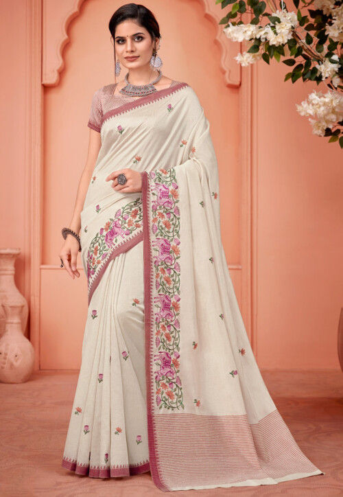 White Georgette Saree with Chikken Style Jaal Embroidery - Lotus Lehenga  Choli