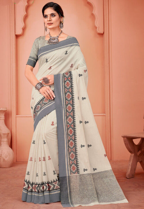 Party Wear Embroidered Designer White Cotton Saree, With blouse piece, 5.5  m (separate blouse piece) at Rs 1199 in Surat