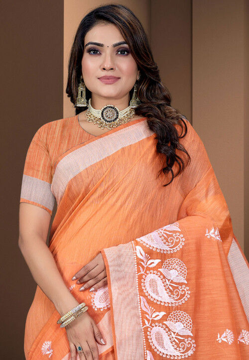 Embroidered Cotton Saree in Orange