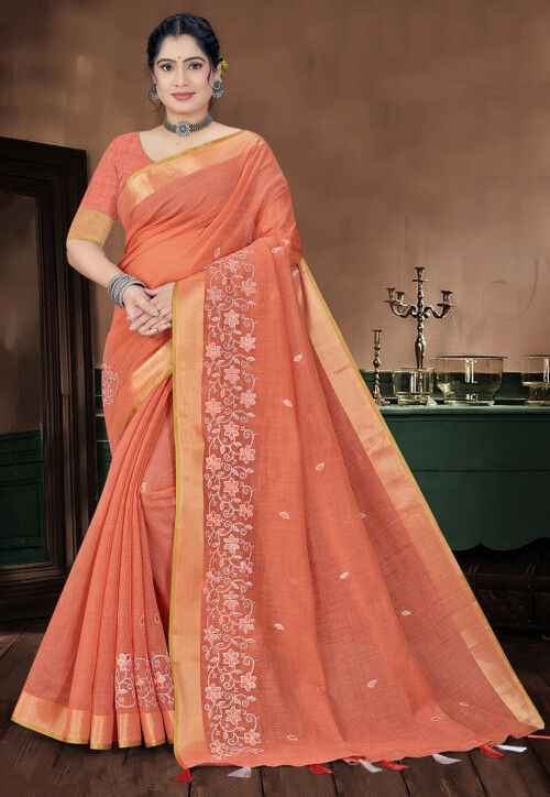 Embroidered Cotton Saree in Orange