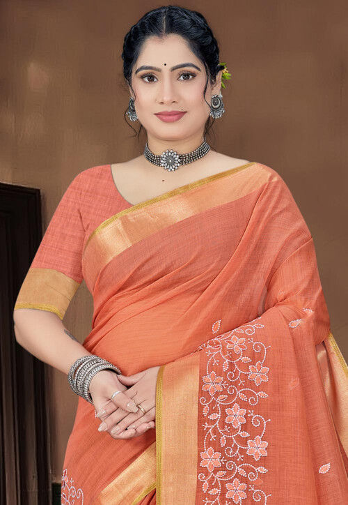 Embroidered Cotton Saree in Orange