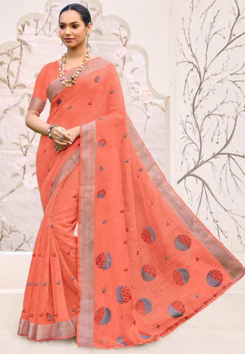 Embroidered Cotton Saree in Orange