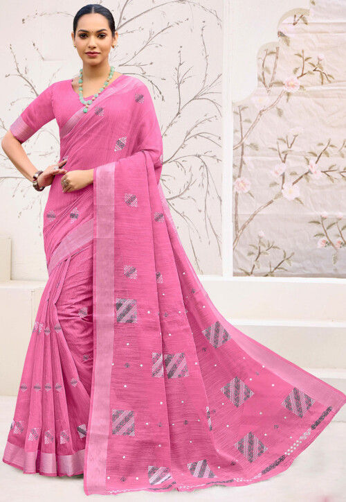 Embroidered Cotton Saree in Pink