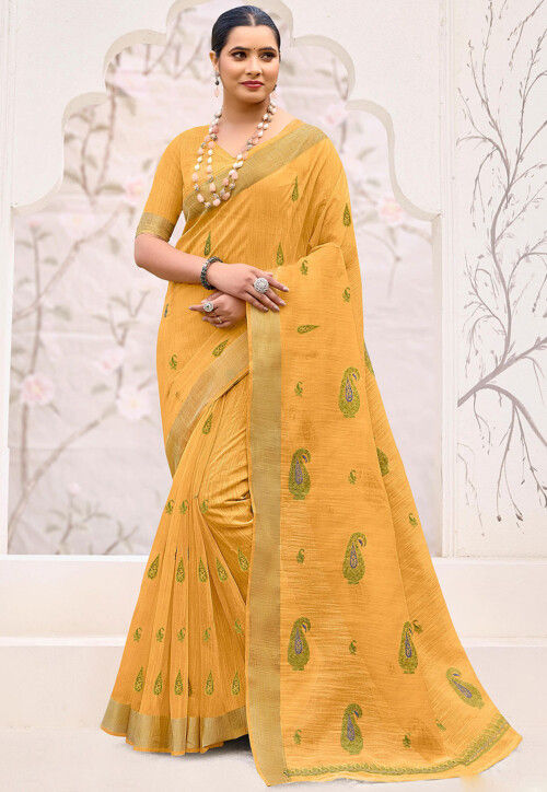 Embroidered Cotton Saree in Yellow
