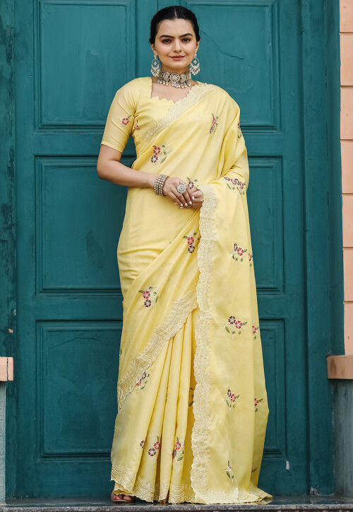 Embroidered Cotton Scalloped Saree in Yellow