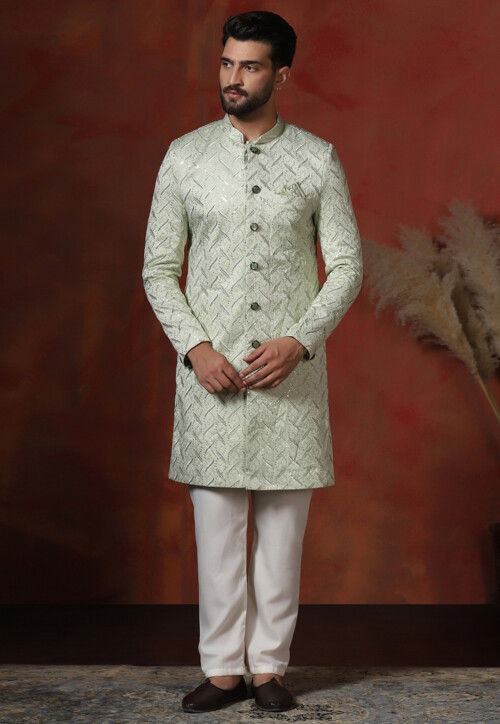 Embroidered Cotton Sherwani in Light Green