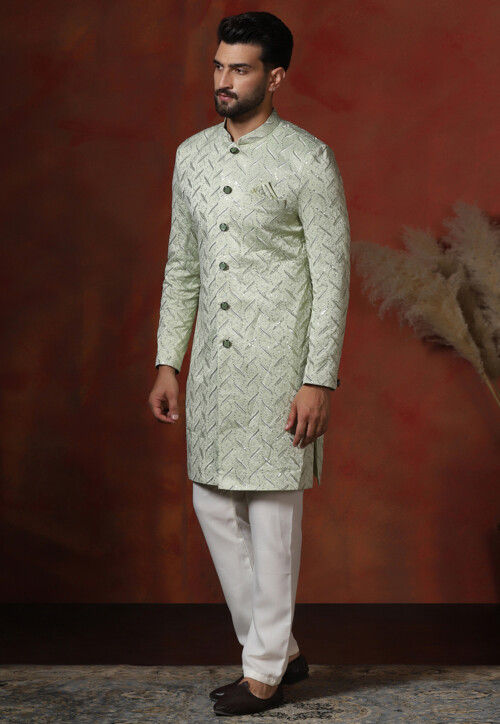 Embroidered Cotton Sherwani in Light Green