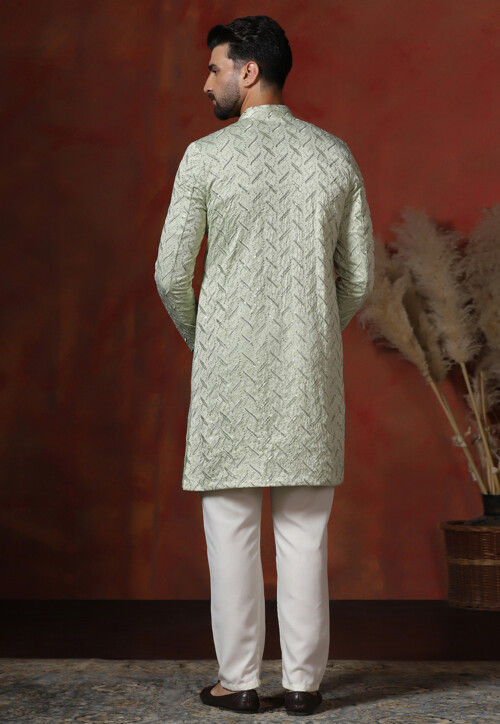 Embroidered Cotton Sherwani in Light Green