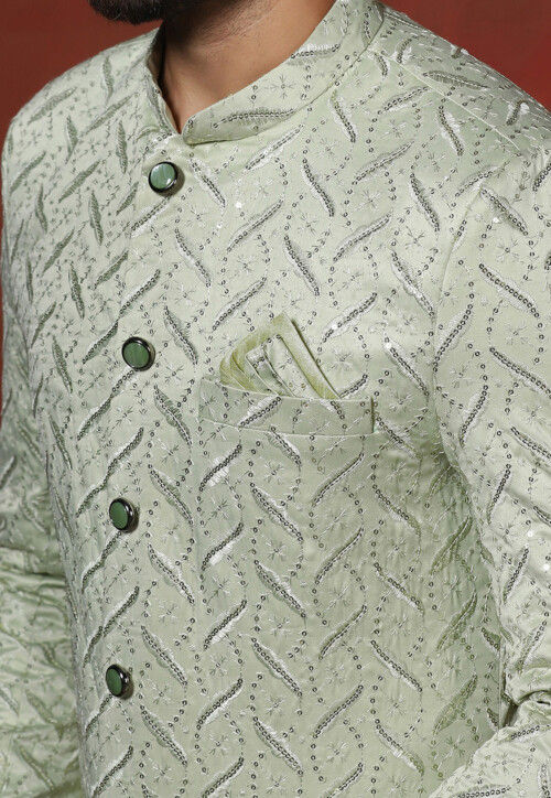 Embroidered Cotton Sherwani in Light Green