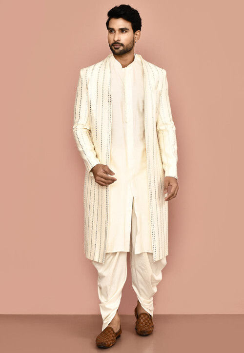 Embroidered Cotton Sherwani in Off White