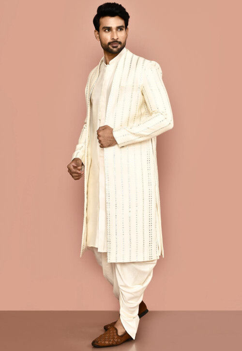 Embroidered Cotton Sherwani in Off White