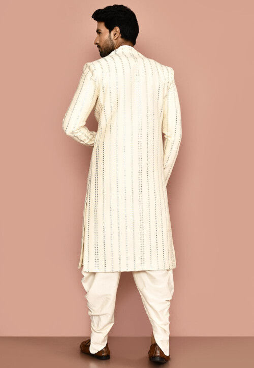 Embroidered Cotton Sherwani in Off White