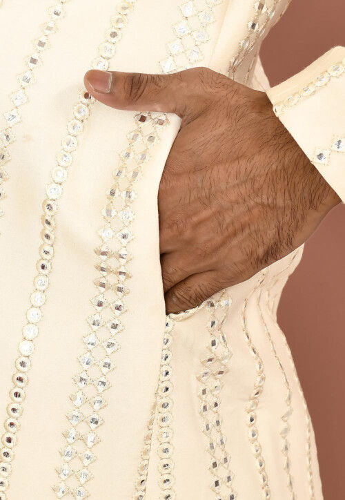 Embroidered Cotton Sherwani in Off White