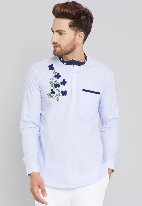 Embroidered Cotton Short Kurta in Sky Blue
