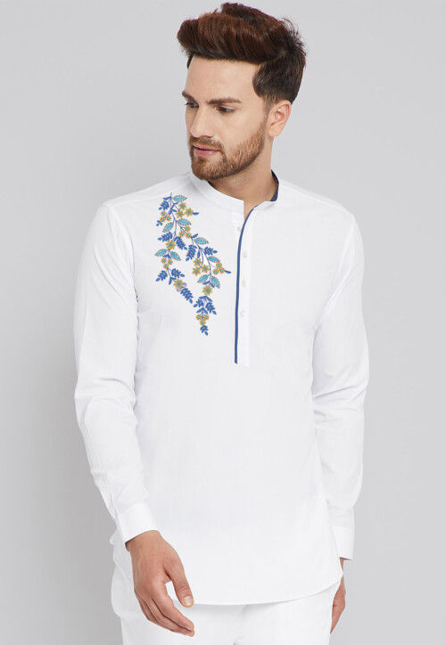 Embroidered Cotton Short Kurta in White