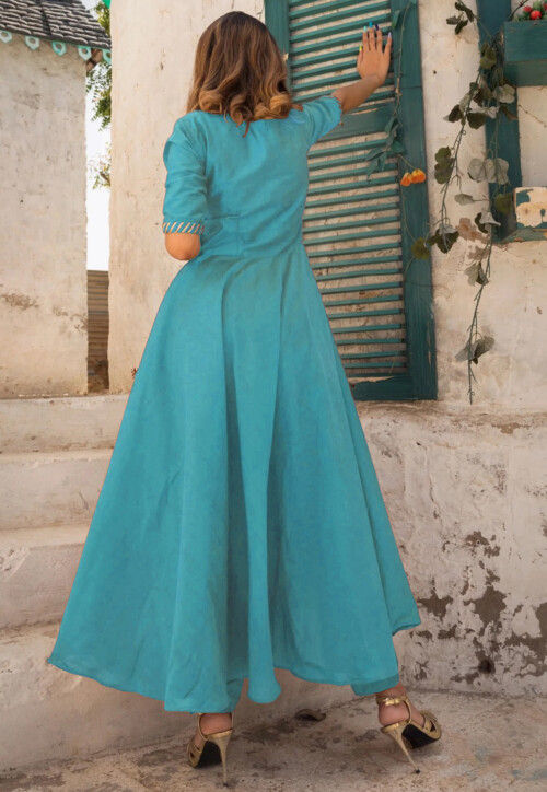 Embroidered Cotton Silk A Line Suit in Dusty Blue